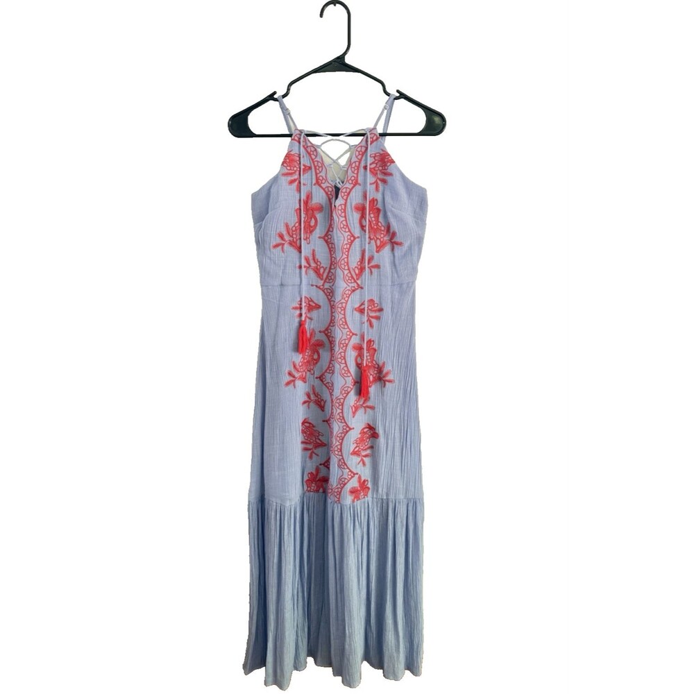 Anthropologie Entro Embroidered Tiered Boho Maxi Dress Women Size M Blue Coral